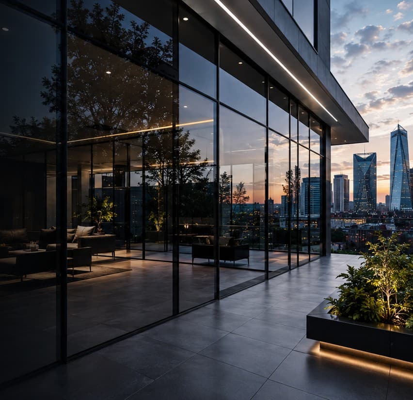 Filmed glazing on a contemporary building at dusk